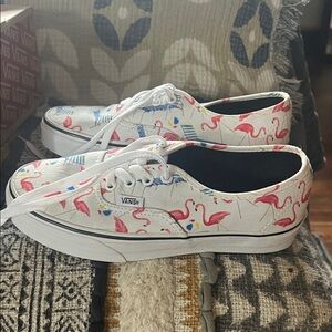 Vans White Canvas Sneakers with Pink Flamingo Print